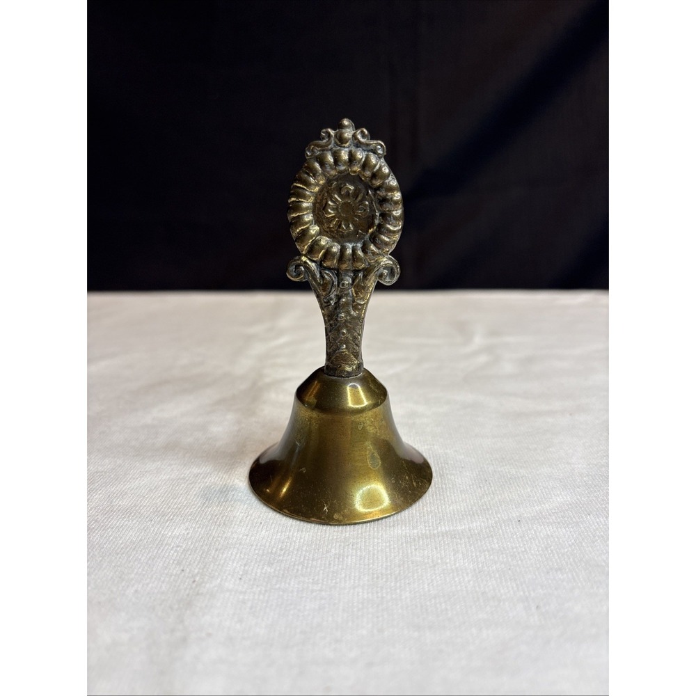 Vintage Small Brass Bell Ornate Handle Antique Finish Gold Tone 4 Inch